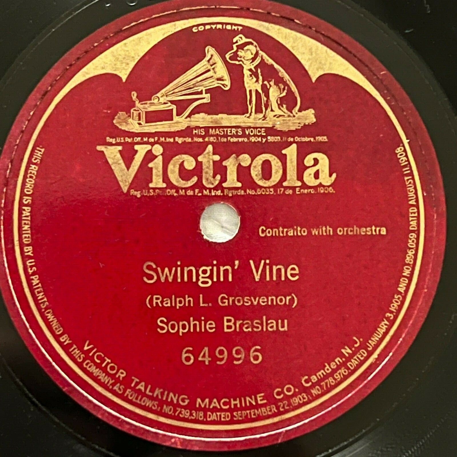 10" 78 RPM Victrola Record 64996 Shellac Sophie Braslau Swingin' Vine