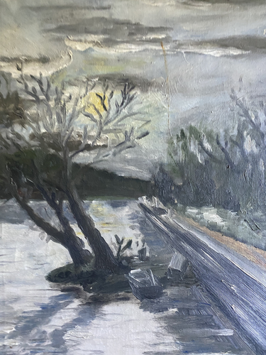 ::WINTER 1943 DÜSTERER BAUM WINTERSONNE STRASSE SIGNIERT UNLESERLICH ANTIK WALD - Picture 2 of 7