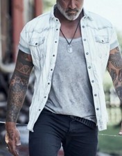 Genuine Lambskin White Men's Short Sleeve Black waxed Distressed Leather Shirts