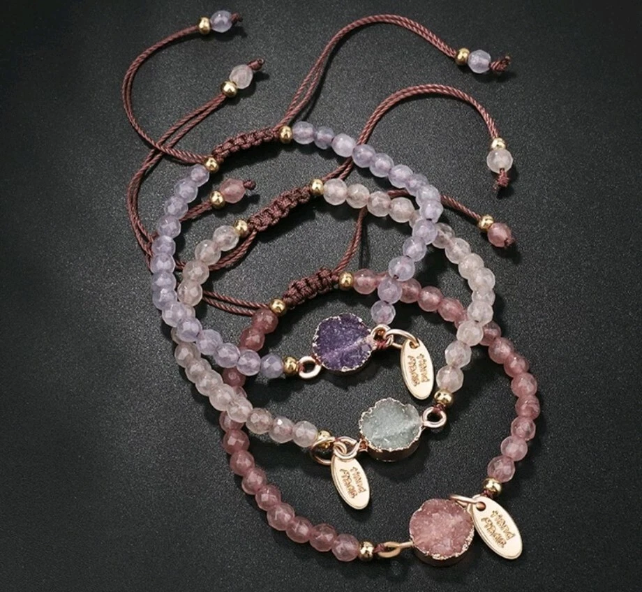 Natural Gemstone Amethyst Rose Quartz Small Ball Woven Adjustable Bracelet 756 - Image 3 of 4