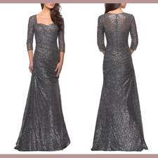 NWT $469 La Femme [ 18 R ] Ruched Sequin Trumpet Gown in Gunmetal #G1032