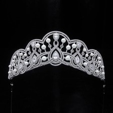 Luxury All CZ Cubic Zirconia Pearl Queen Wedding Pageant Prom Tiara Crown Adult