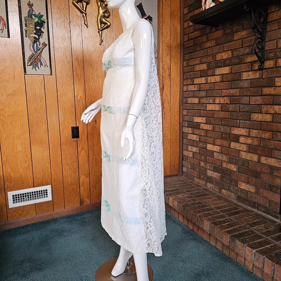 Vestido De Colección Años 60 Youthquake Mod Hippy Boda Formal Anfitriona Watteau Baile de graduación XS/S Foto 3 de 4