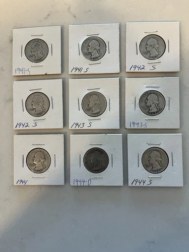 Washington Silver Quarters Lot of 9, 1941-1944 S D Mints Circulated Variety 25C