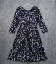 Chaps A Line Dress Womens Large Black Blue Geometric Midi 3/4 Sleeve Ruched