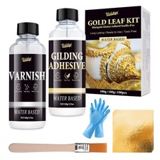 24K Gold Leaf Gilding Kit 100 Sheets, 100ml Glue  Varnish, Brushes