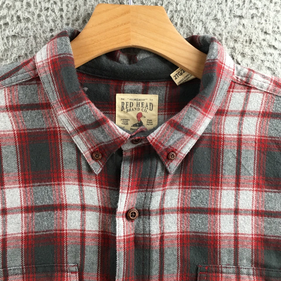 Red Head Shirt Mens 2XL Gray Red Plaid Button Down Long Sleeve Casual Polyester - Image 4 of 4