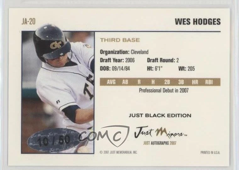 2007 Just Minors Just Auto Black /50 Wes Hodges #JA-20 - Image 2 of 2