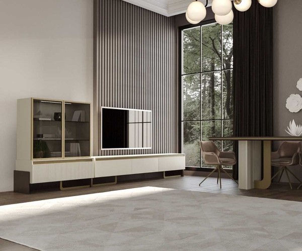 Modernes Wohnzimmer-Set: Tv-Einheit Und Vitrine Mit Goldenen Akzenten-image
