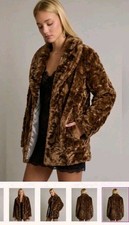 Vintage 70s Marbled Faux Fur Coat Espresso Brown Mid Length Teddy Jacket Size M