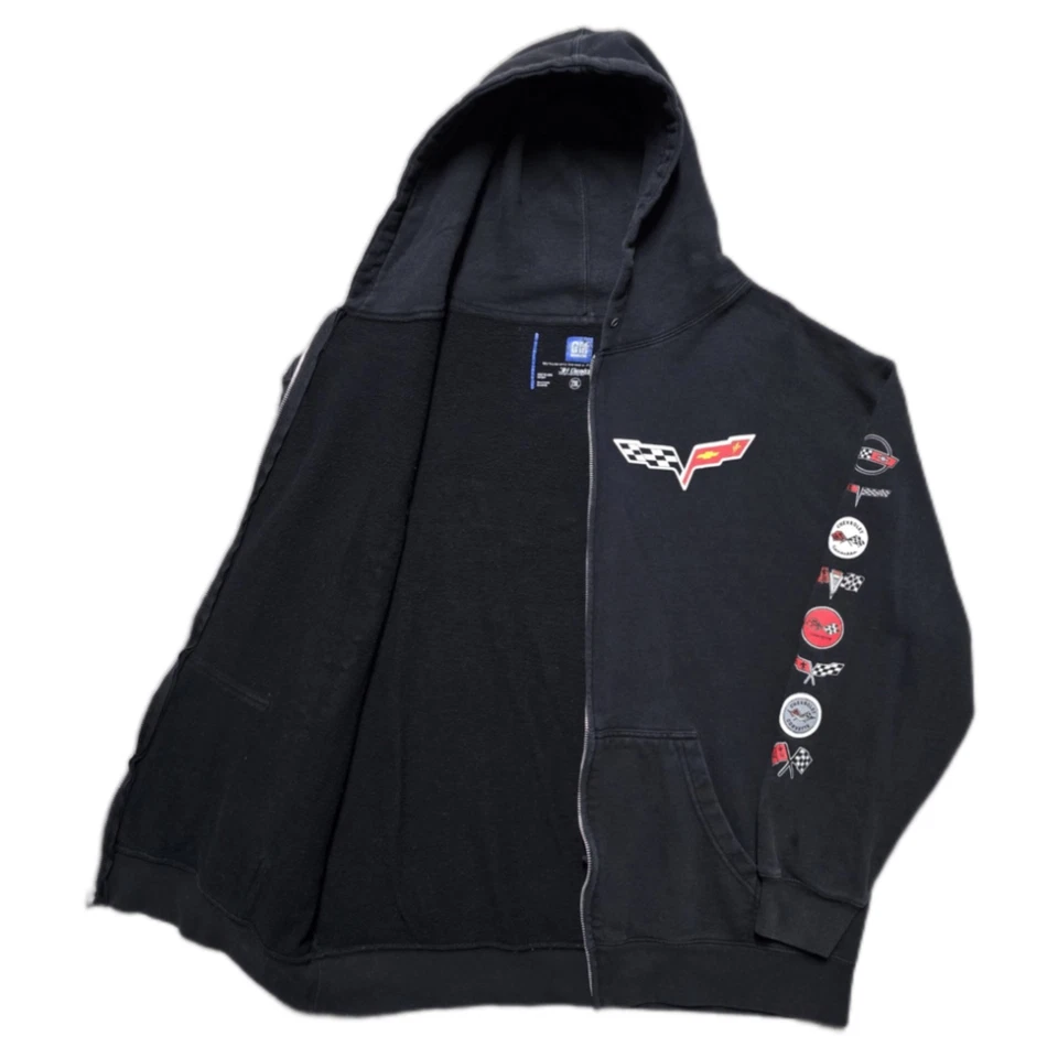 Y2K Chevy Corvette Mens 2XL Full Zip Hoodie Double Sided Black VTG - Image 2 of 4