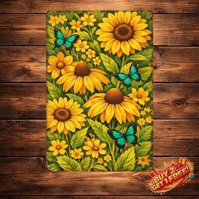 Butterfly and Sunflower Metal Sign 8x12 Summer Garden Wall Art Decor
