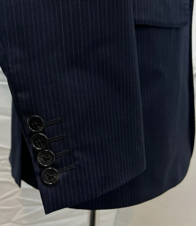 Chaqueta Blazer Ermenegildo Zegna Saks Para Hombre 38R Lana Seda Calce Ajustado Azul Marino Rayas Foto 3 de 4