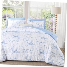 Floral Comforter Set 7 Pieces Bed in a Bag Rose Romantic Flower Bed King Blue