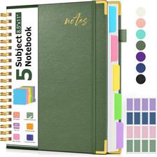 5 Subject Spiral Notebook Journal with Removable Dividers Tabs, 300 Pages Organi