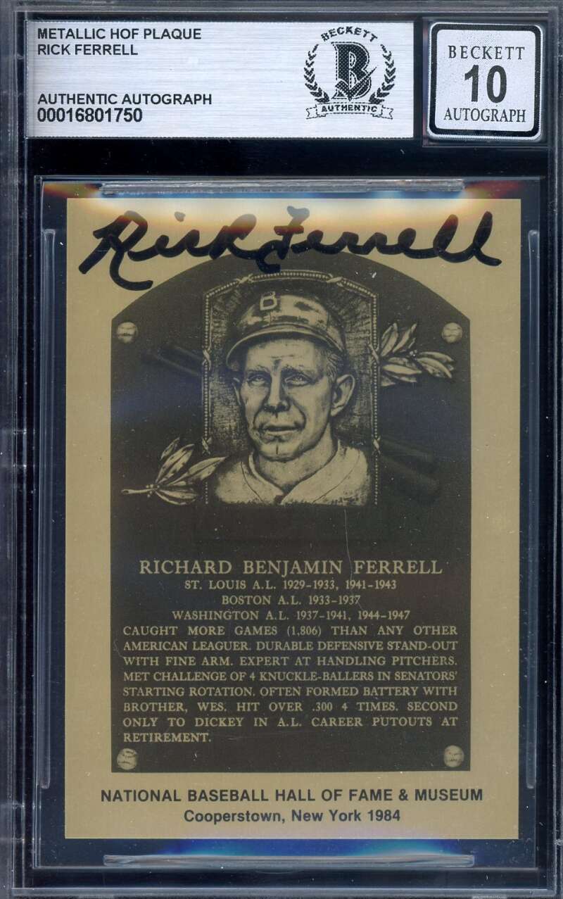 Rick Ferrell Gem Mint 10 Beckett BAS Signed Gold Metallic HoF Plaque Autograph Card