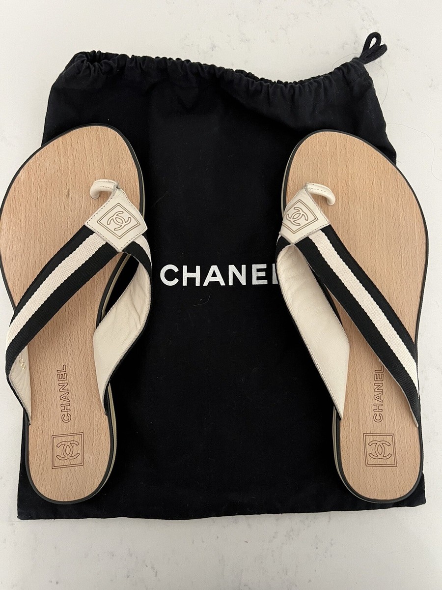 Authentic Chanel Sandals-Wood Base w/Beige & Black Trim-Size 38