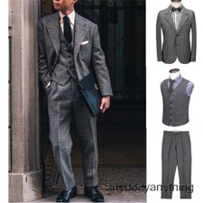 3pcs Men Tweed Suit British Style Herringbone Blazer Coat Vest Pant Groom Formal