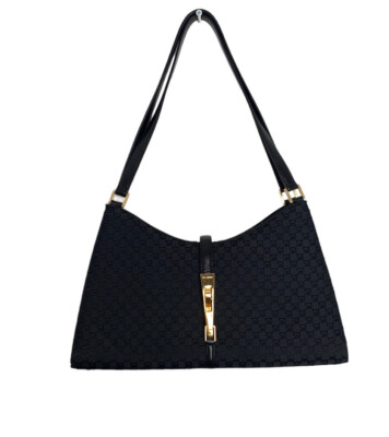 ST. JOHN Black Logo Embossed Canvas Leather Straps Shoulder Bag 