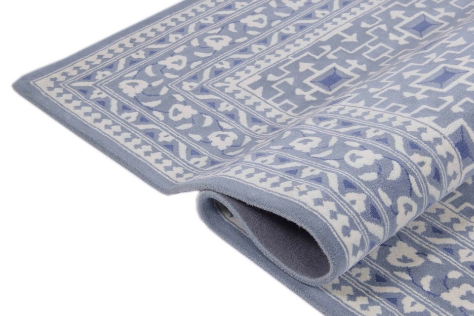 Tapis Oushak Oriental 100% Laine Bleu - Dimensions 8x10 Pieds, Fait Main, Tufté, Inde, Pile Découpée 1 Cm