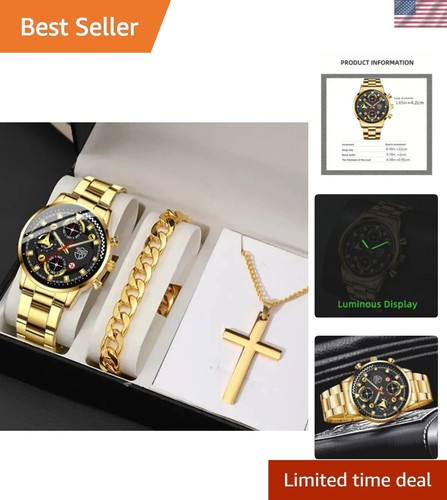 DEYROS 3pcs Set Luxury Mens Stainless Steel Watches Fashion Business Quartz W...
