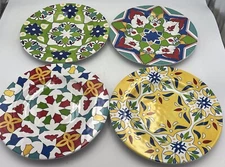 Set 4 Melamine 9” Plates Floral Design Yellow Green Red White Brand New