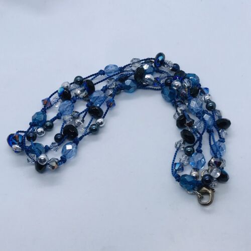 20” STERLING SILVER GLASS CUT CRYSTAL BEADED BLUE NECKLACE HANDMADE MARKED - Picture 1 of 5