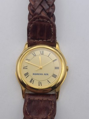 Vintage Korean Air Gold Tone Quartz Watch Brown Band New Battery Working