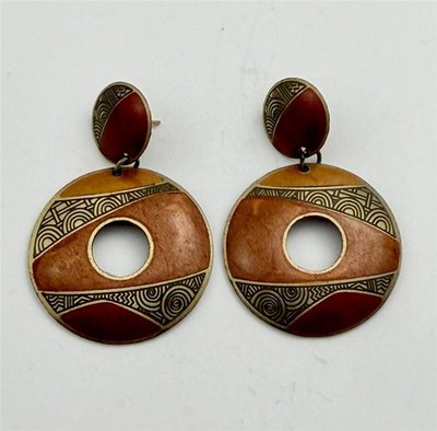 80's Edgar Berebi Tribal Inspired Geometric Designs Brown & Gold Tone Earrings