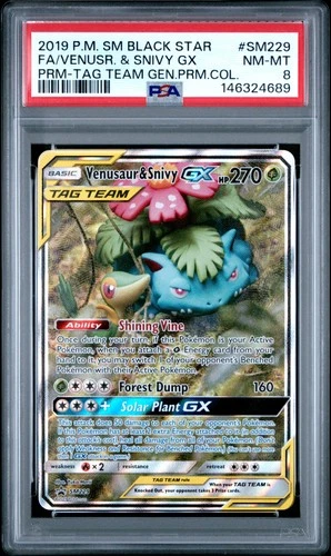 2019 POKEMON TAG TEAM GENERATIONS PREMIUM COLL FA/VENUSAUR & SNIVY GX PSA 8