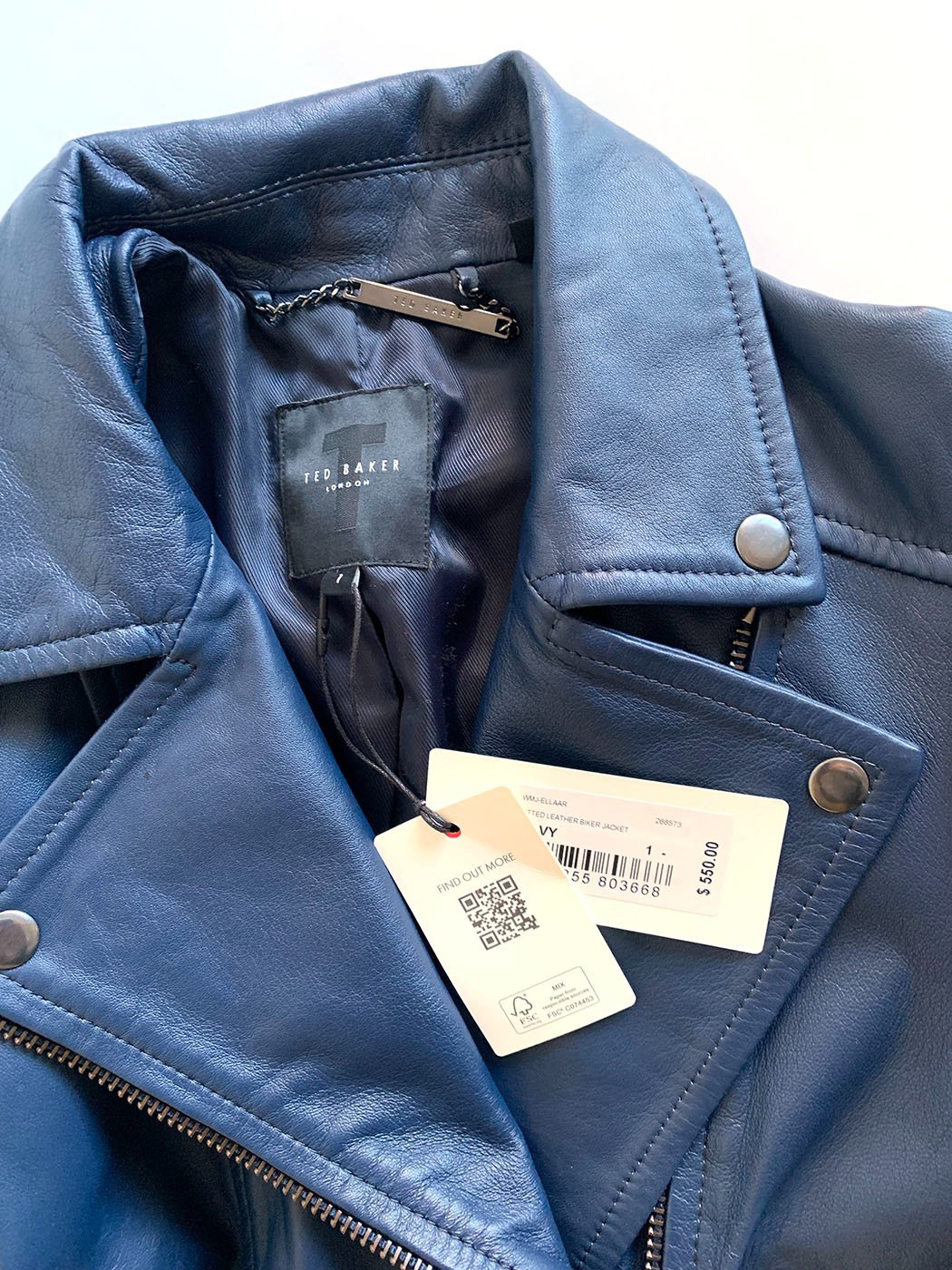Ted Baker London Women's "Ellaar" Navy Fitted Leather Moto Jacket Size: 1/US 4 image 3