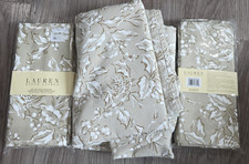 Ralph Lauren Set Tablecloth Napkins Tan White Print Bown Natural Pinecone Holly