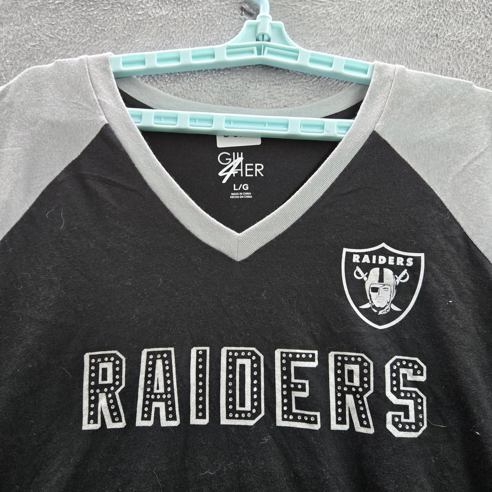 Camisa Oakland Raiders Mujer L Negra G-III 4her Logo Raglán Cuello en V Nueva con Etiquetas Foto 3 de 4