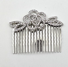 Rhinestone Hair Comb Womens Silver Tone Clear Crystal Rose Bridal 2.5in