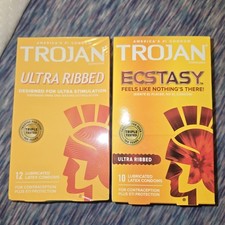 Lot Of 2 TROJAN Ultra Ribbed/Ecstasy Lubricated Latex Condoms Expired 2026/2027