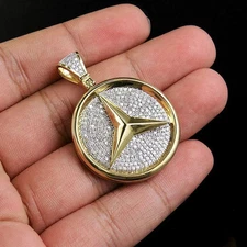 1.50Ctw Real Moissanite 14K Yellow Gold Plated Mercedes Medallion Pendant 1.7"