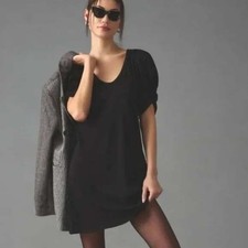 Amadi Black T-Shirt Dress Size XS Puff Sleeve V-Neck Cotton Mini NWT