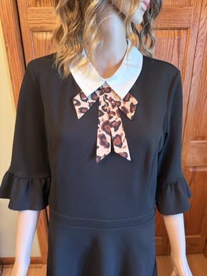 NWT Betsy Johnson Dress Black White Collar Leopard Bow Tie Size 12 School Girl