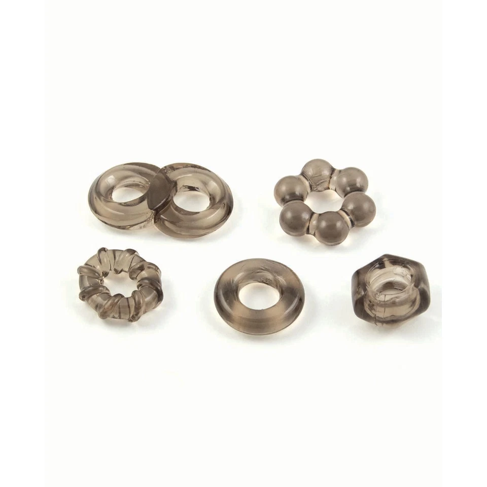 JUEGO DE CINCO ANILLOS PARA EL PENE DELUXE - GRIS, CÓMODO MATERIAL NUEVO ELÁSTICO Foto 3 de 4