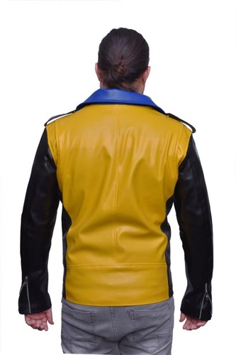 Gothic handmade Men's Block Print Moto Style Faux Leather Jacket - Blue/Yellow - Picture 5 of 5
