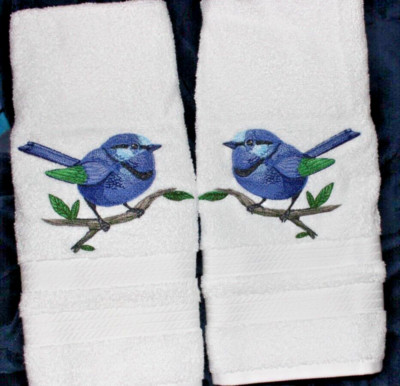 Blue Fairy wren Bird Bathroom HAND TOWELS EMBROIDERED SET