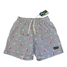 NEW ISLANDHAZE Quick-Dry Swim Trunks Sail Checked Print Navy Stretch Lined