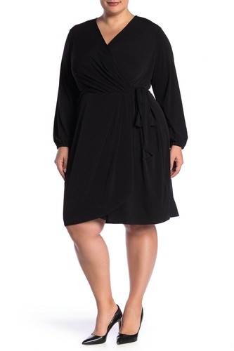 Long Sleeve Faux Wrap Dress 