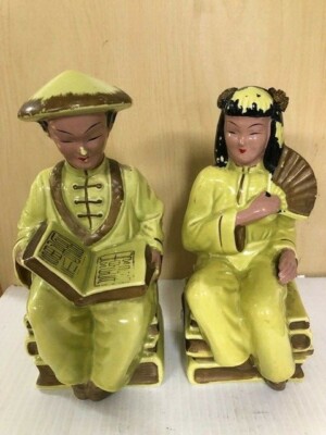 Mamasan Papasan Japanese Ceramic Figurines Couple sitting together