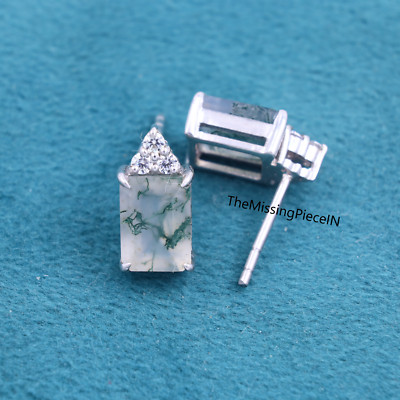 925 Sterling Silver Natural Moss Agate Earrings, Emerald Cut Earrings & Jewelry