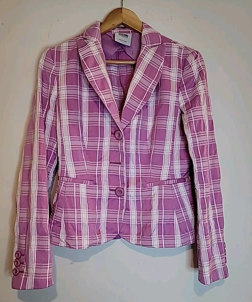 Blazer italiano Moschino barato y elegante para mujer talla 8 a cuadros blanco lavanda carrera Foto 2 de 4