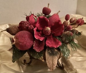 Floral Centerpiece Red Magnolias & Sugared Fruit Burnished Gold Vessel Container