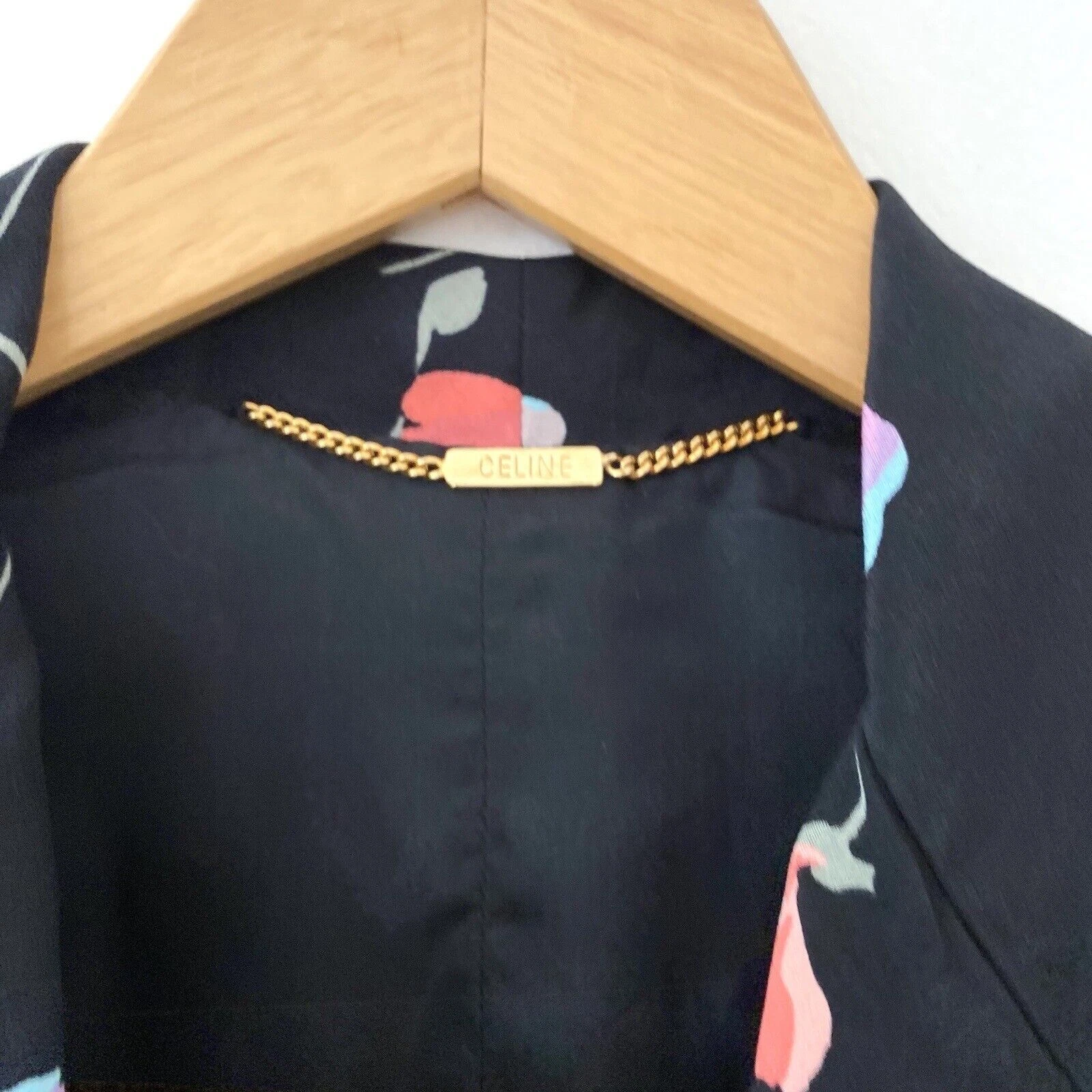 Vintage Celine set 3 pezzi piccola giacca canotta gonna seta nera floreale designer