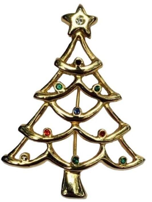 Vtg Christmas Tree Gold Tone Brooch Pin Rhineston… - image 1