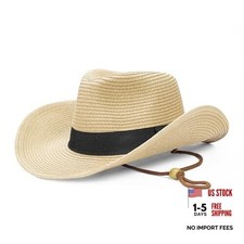 Straw Cowboy Hat for Men Women Western Cowgirl Hats with Large A-beige